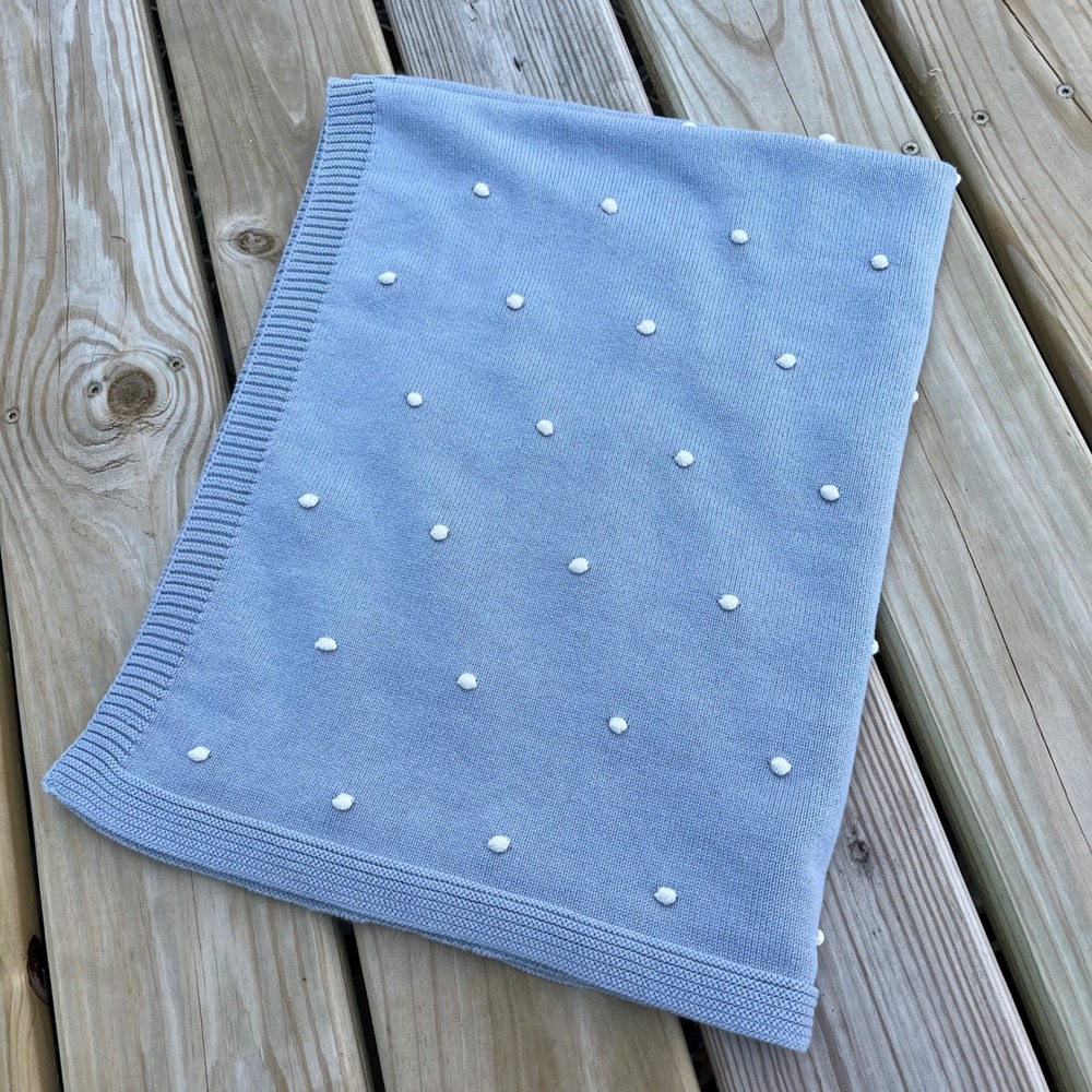 Pottery Barn Kids Blanket Throw Baby Blanket Blue Knit White Dot 100% Cotton